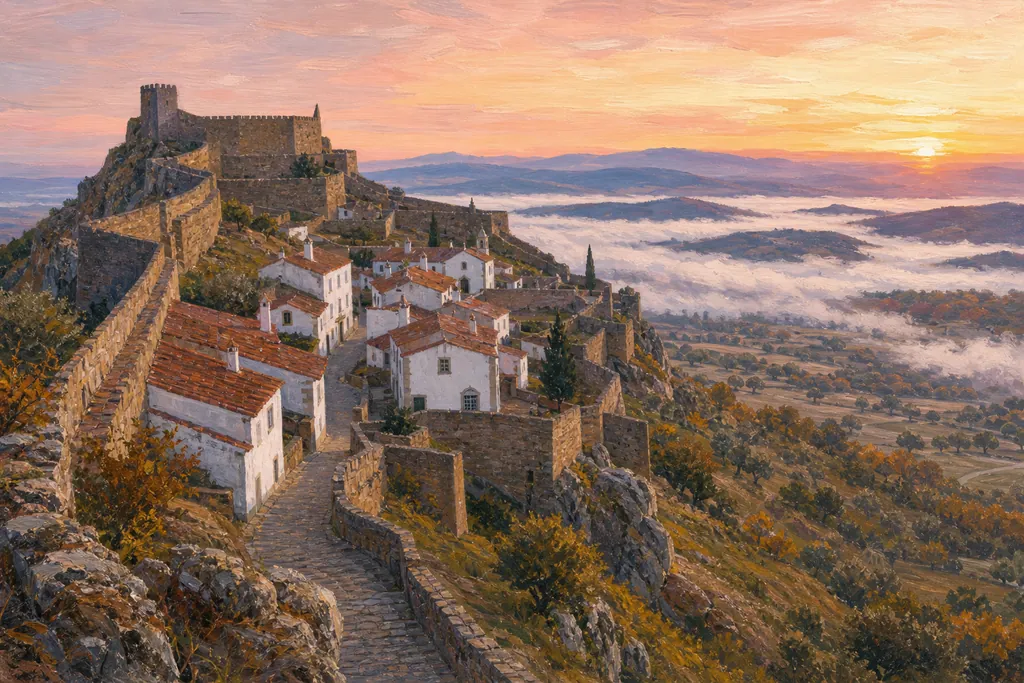 Marvão, village blanc fortifié sur sa crête de granit au-dessus d'une mer de brume au lever du jour