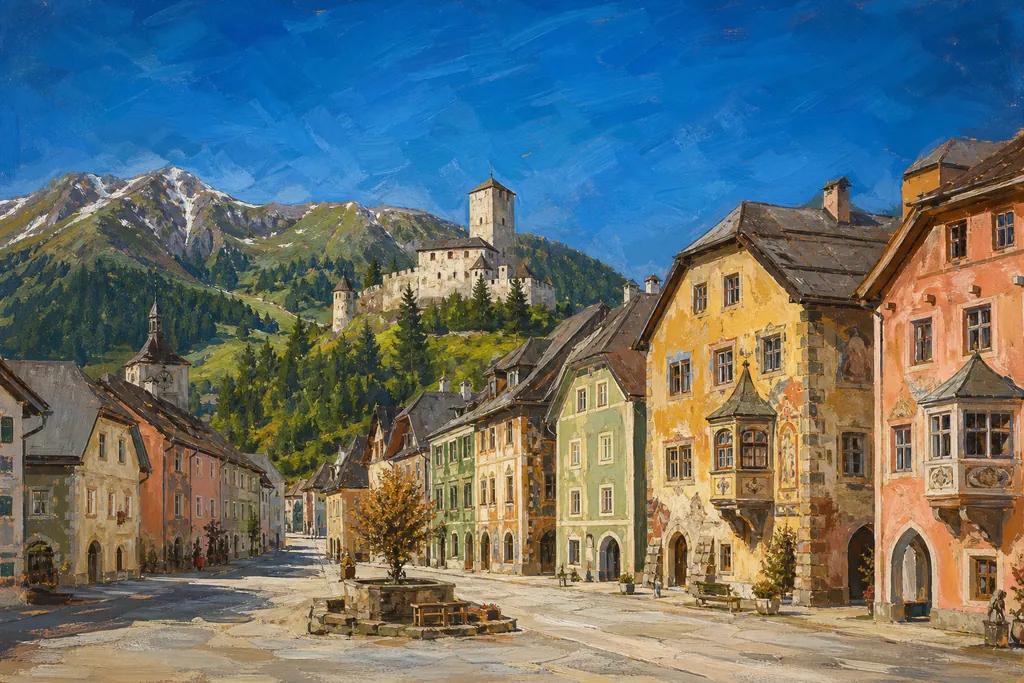 Château de Mauterndorf sur sa butte au-dessus des façades peintes du bourg, dans le Lungau