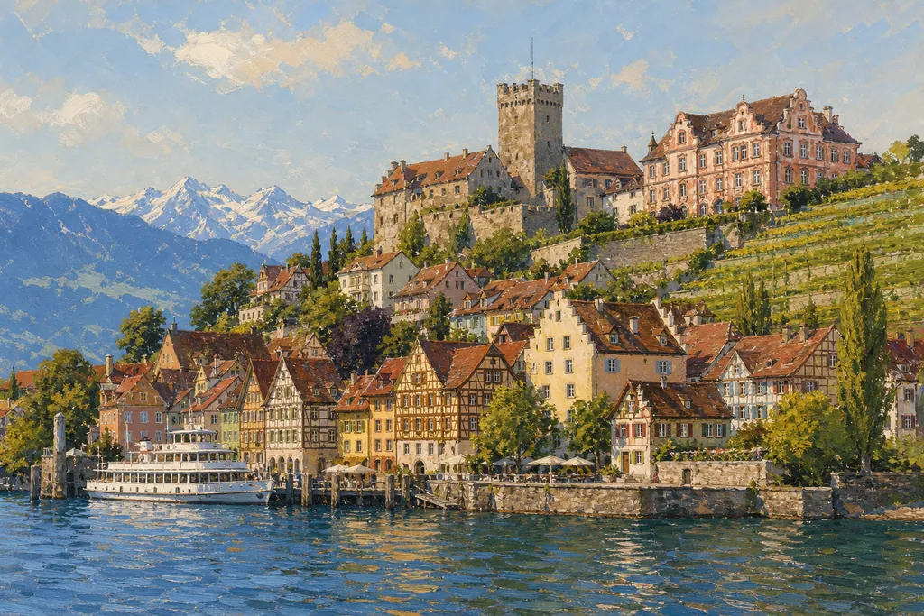 Meersburg vue du lac de Constance avec son château fort, son palais baroque et ses vignes
