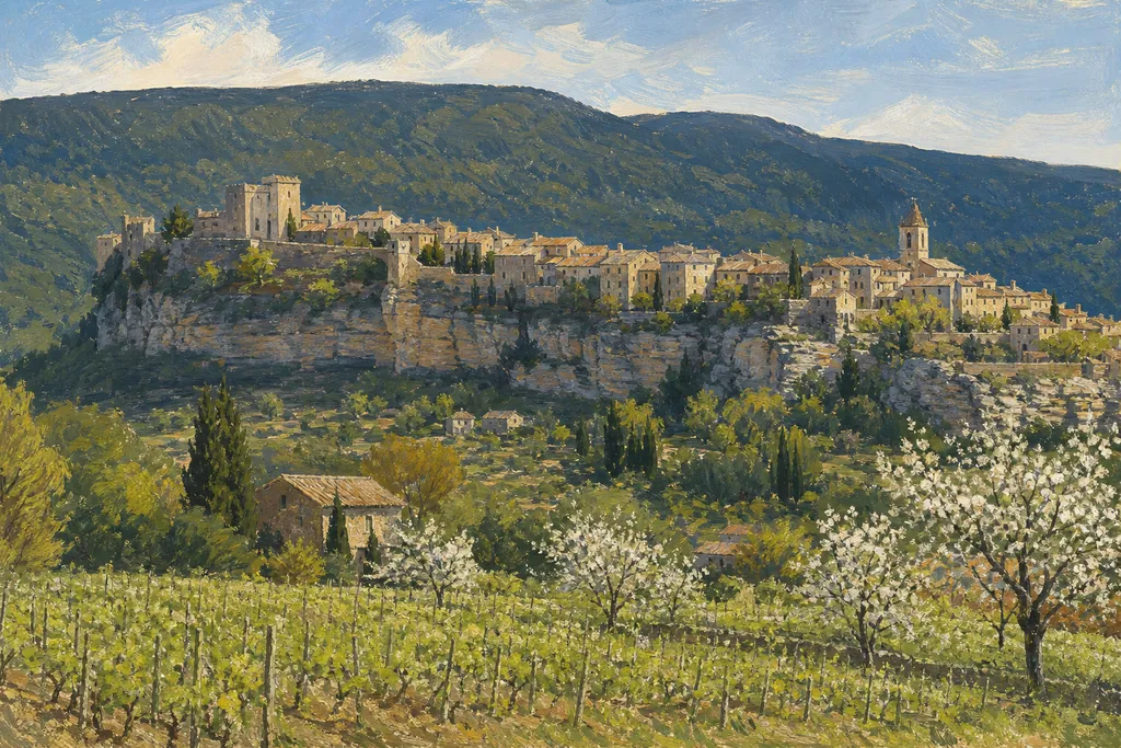 Le village de Ménerbes étiré sur sa crête calcaire, citadelle et église, vignes au premier plan