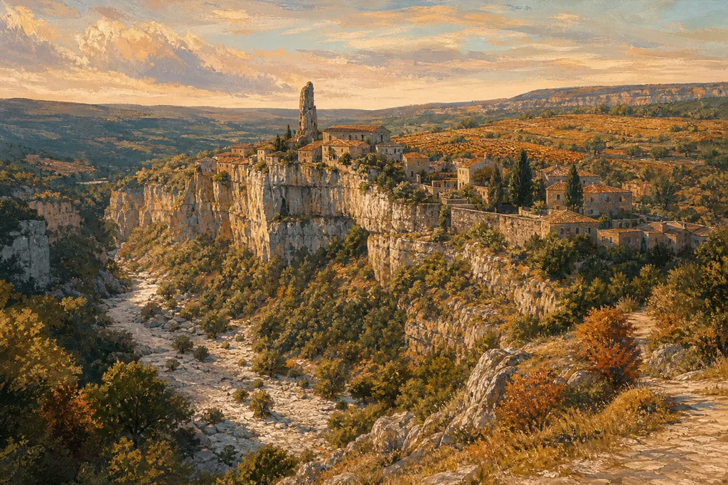 Le village de Minerve sur son rocher au-dessus des gorges sèches de la Cesse, la Candela à la pointe