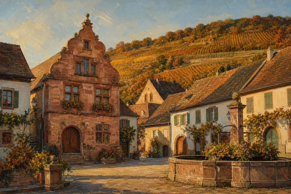 Hôtel de ville Renaissance en grès rose de Mittelbergheim devant le coteau de vignes du Zotzenberg