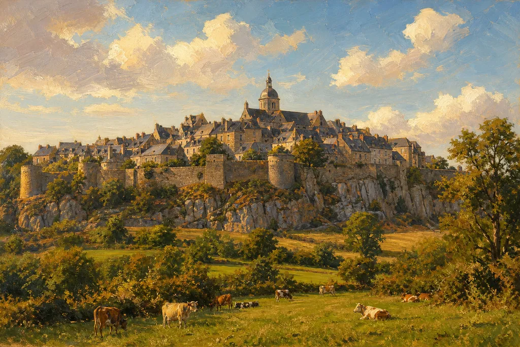 Cité fortifiée de Moncontour sur son rocher, remparts de granit et clocher à dôme au-dessus du bocage