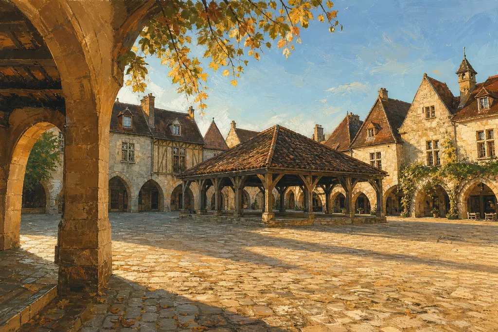 Place des Cornières de Monpazier avec ses arcades et sa halle au matin