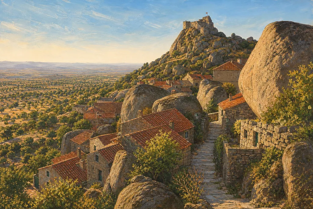 Maisons de granit de Monsanto bâties sous des rochers géants, avec le château au sommet et la plaine en contrebas