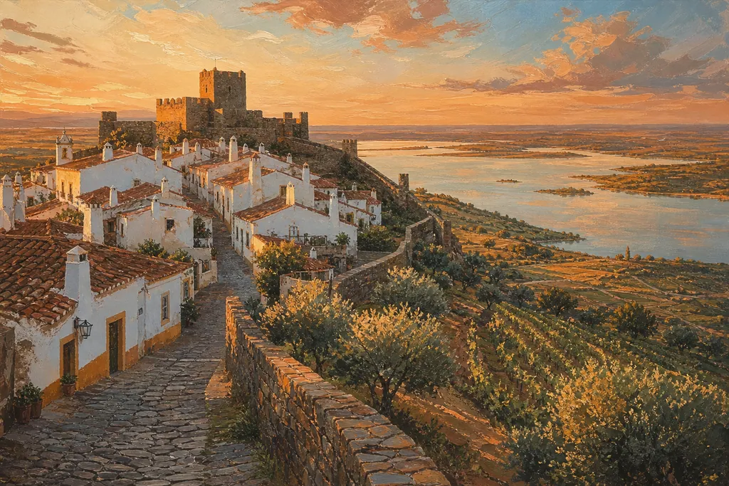 Monsaraz, village blanc fortifié sur sa colline au-dessus du lac d'Alqueva au coucher du soleil
