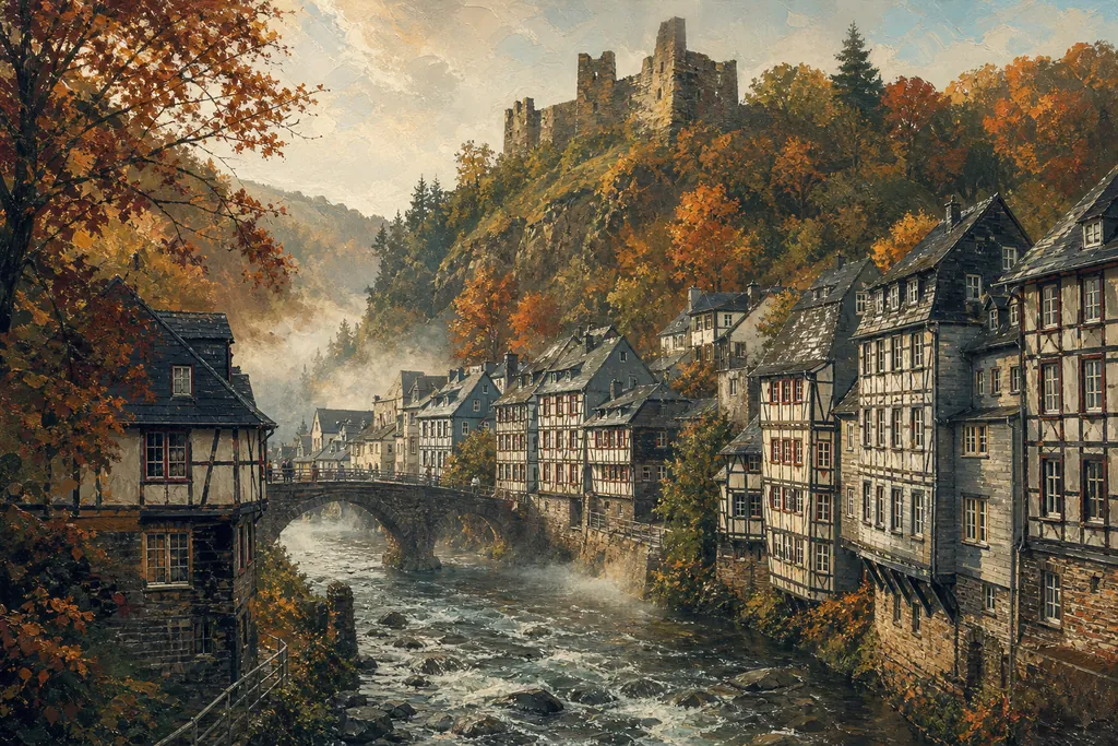 Maisons à colombages de Monschau serrées le long de la Rur, avec la ruine du château sur la hauteur