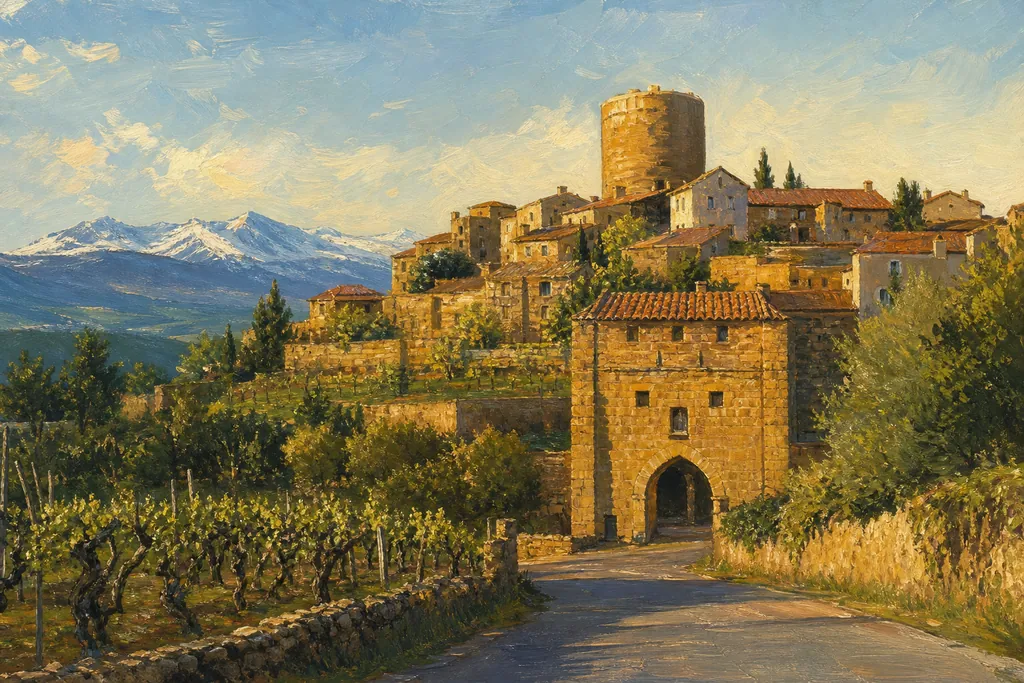 Montpeyroux, village d'arkose dorée dominé par son donjon rond, avec le Sancy à l'horizon
