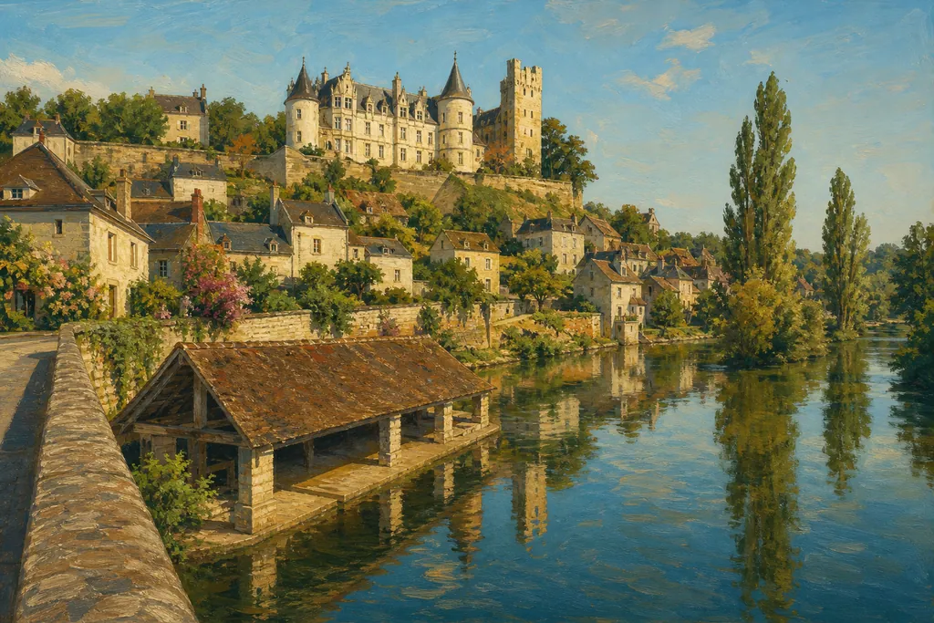 Le village de Montrésor et son château Renaissance vus depuis le pont sur l'Indrois