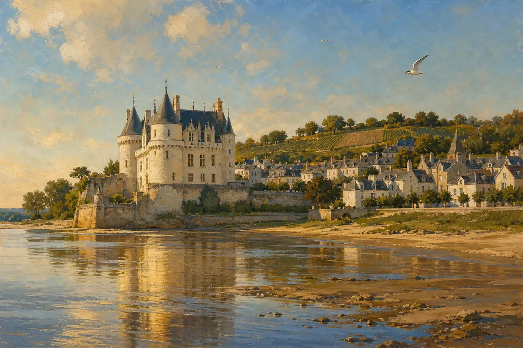 Château de tuffeau de Montsoreau au bord de la Loire sous la lumière du soir