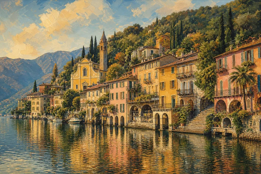 Quai à arcades de Morcote et église Santa Maria del Sasso entre les cyprès, vus depuis le lac de Lugano