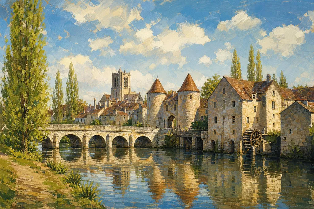 Pont, moulins et porte de Bourgogne de Moret-sur-Loing reflétés dans le Loing