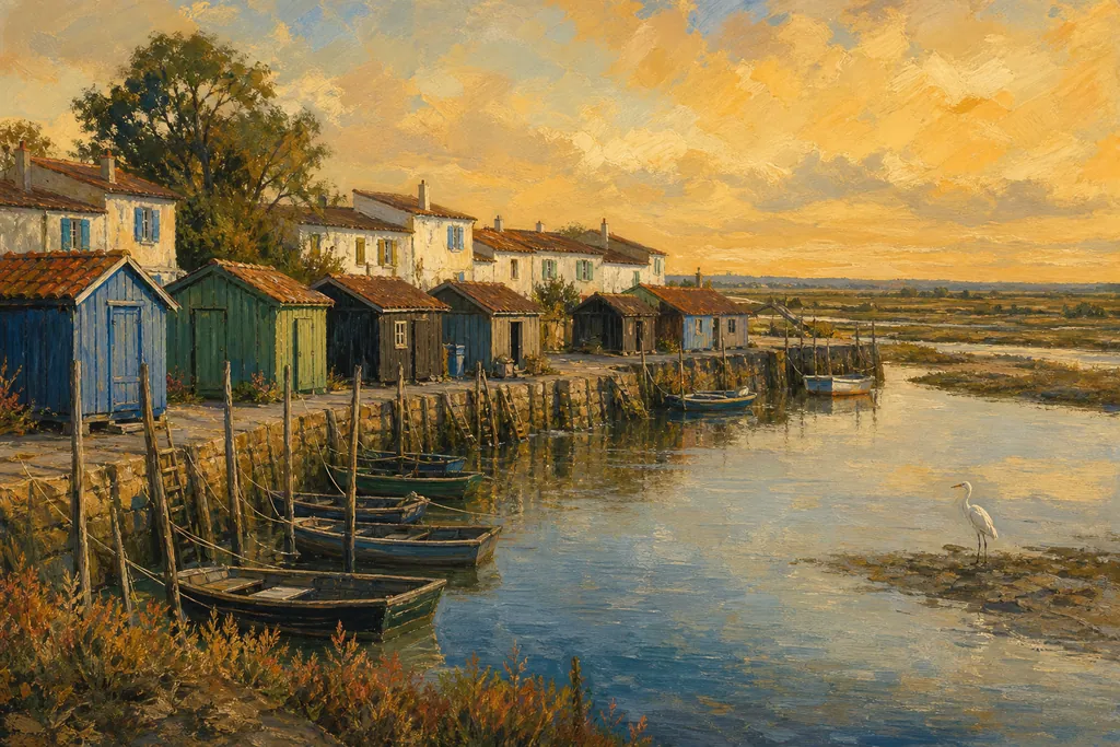 Cabanes colorées et barques du port de Mornac-sur-Seudre au coucher du soleil sur le marais