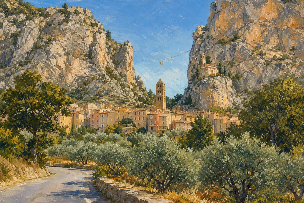 Moustiers-Sainte-Marie entre ses deux falaises, clocher lombard, chapelle perchée et étoile suspendue