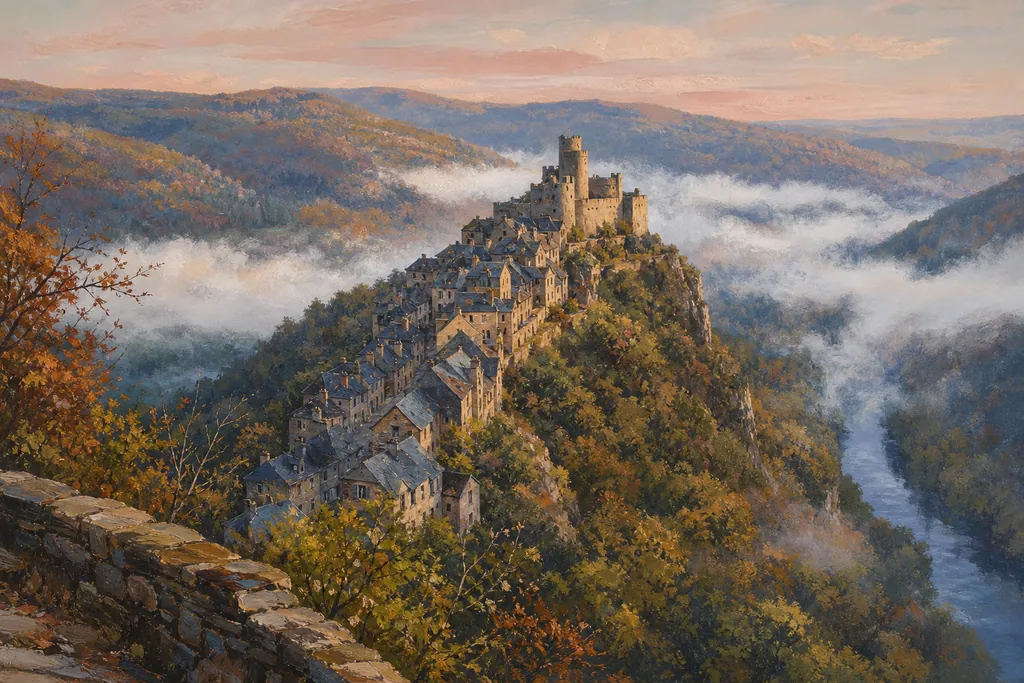 Najac sur sa crête au petit matin, forteresse et toits d'ardoise au-dessus des gorges brumeuses de l'Aveyron