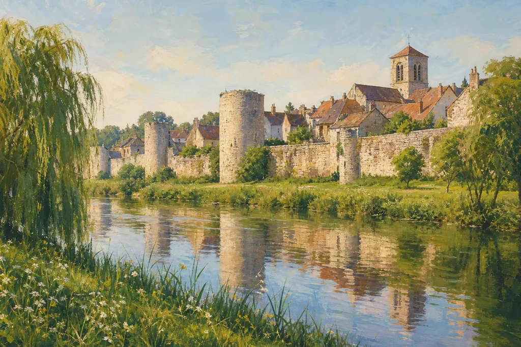 Les tours des remparts de Noyers-sur-Serein se reflétant dans la rivière au petit matin.