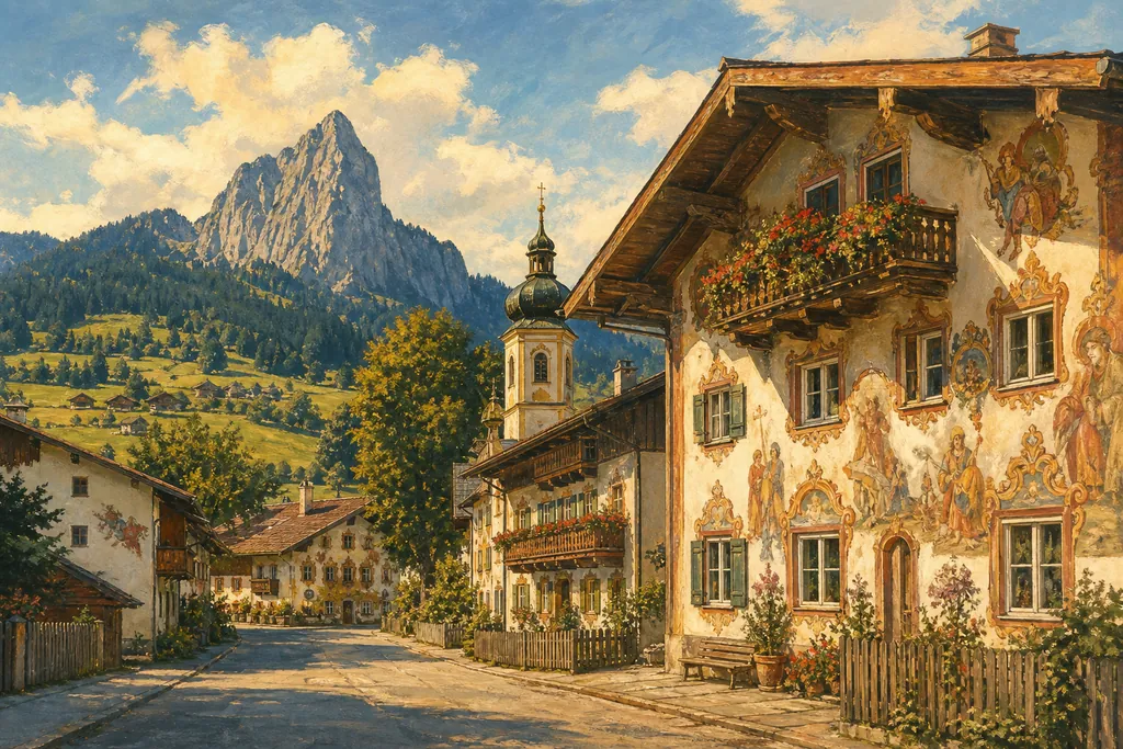 Façades peintes d'Oberammergau avec balcons fleuris et le sommet du Kofel en arrière-plan