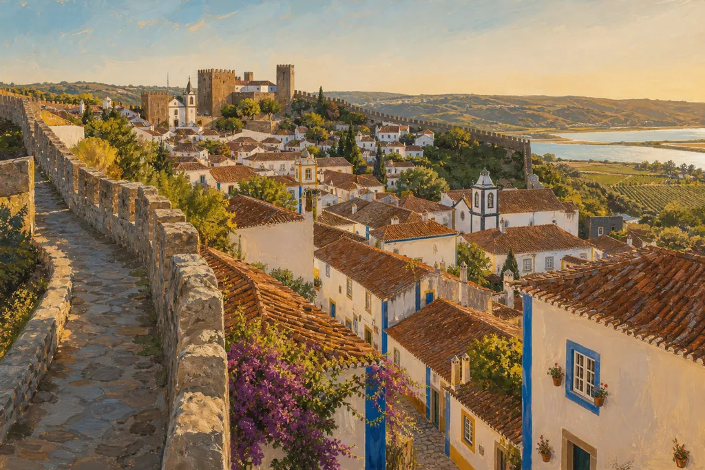 Remparts d'Óbidos et maisons blanches bordées de bleu, vues depuis le chemin de ronde au coucher du soleil