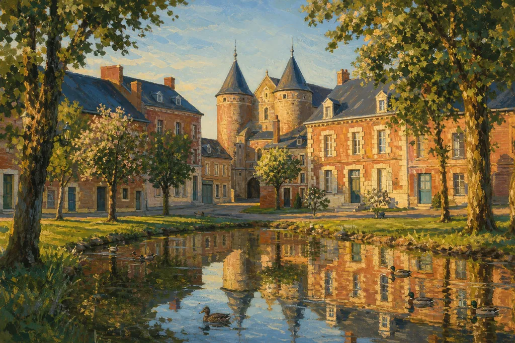 Place de Parfondeval avec sa mare, ses maisons de briques rouges et les tours de l'église fortifiée