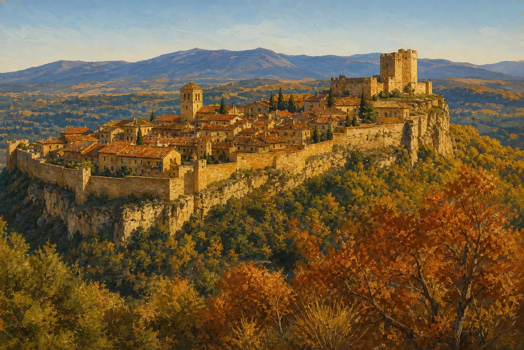 Pedraza sur son éperon rocheux, avec ses remparts, son château et la sierra de Guadarrama au loin