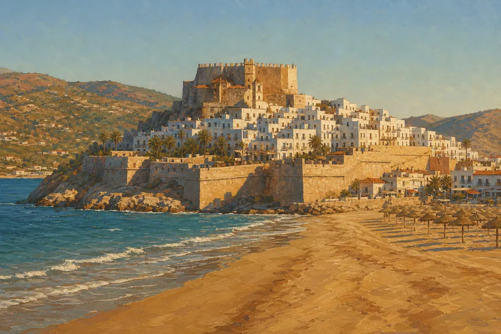Peñíscola, sa vieille ville blanche et son château sur le rocher, vus depuis la plage Nord