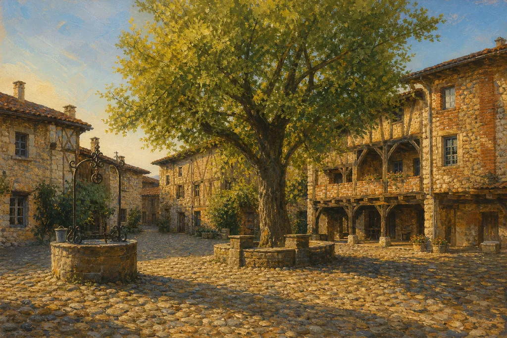 Place du Tilleul à Pérouges avec son tilleul, ses galets et ses maisons à colombages