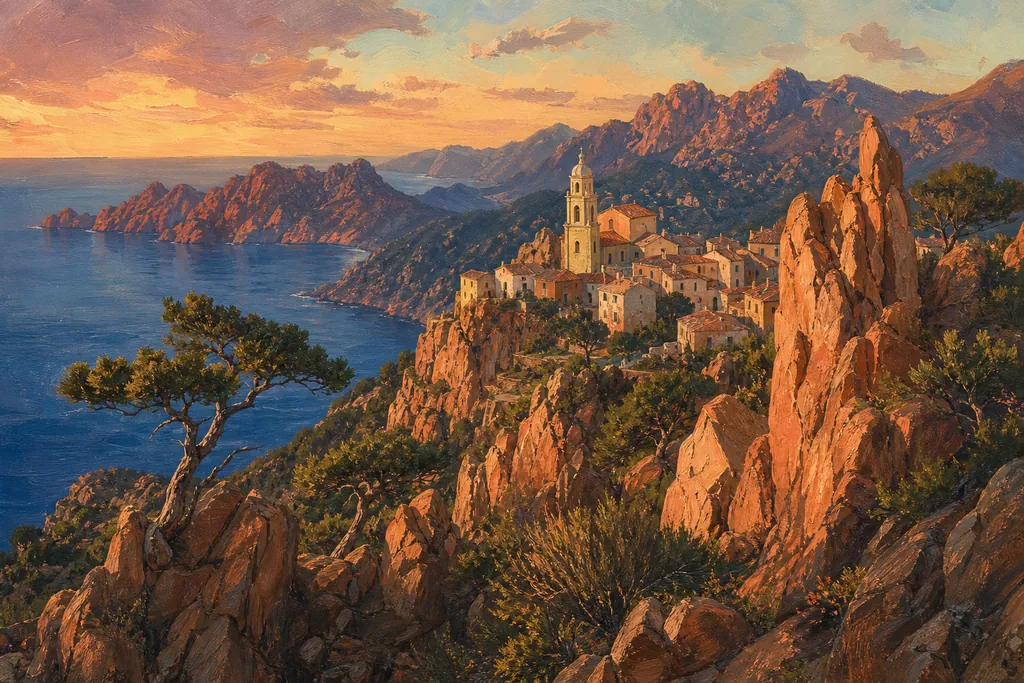 Le village blanc de Piana et son campanile au-dessus des calanques de granit rose et du golfe de Porto.