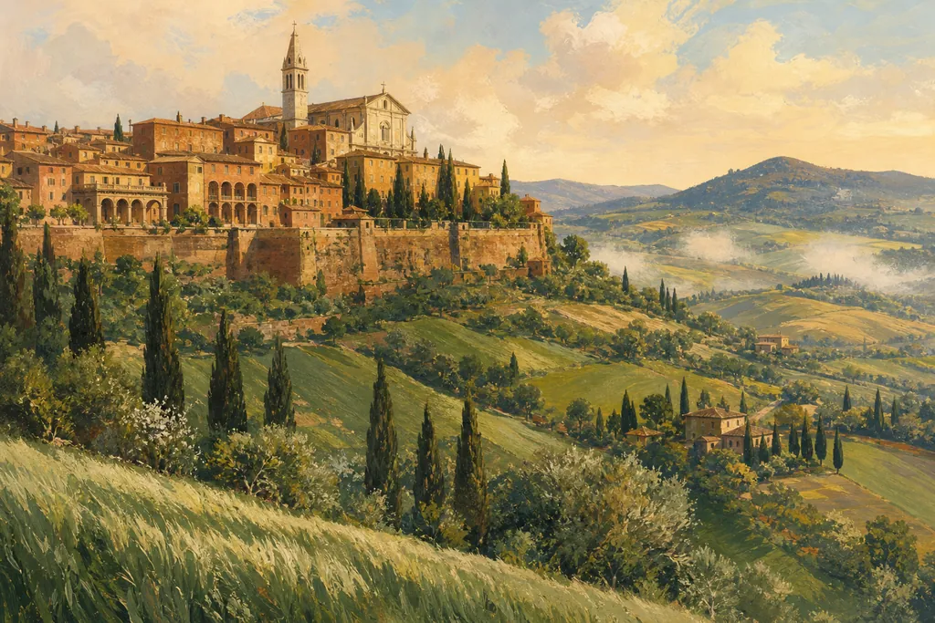 Pienza sur sa crête dominant les collines ondulées du Val d'Orcia dans la brume du matin