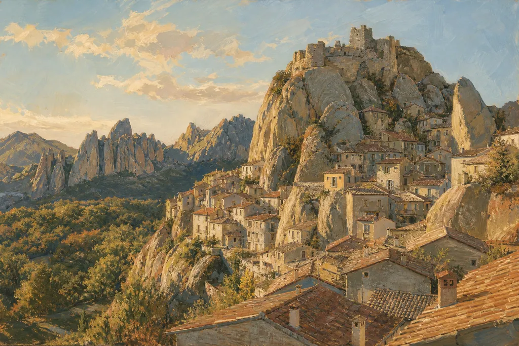 Pietrapertosa étagé sur sa crête de grès sous les ruines de sa forteresse, dans les Dolomites lucaniennes