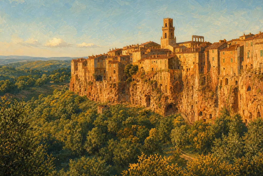 Pitigliano et ses maisons de tuf au bord de la falaise, vues depuis le belvédère