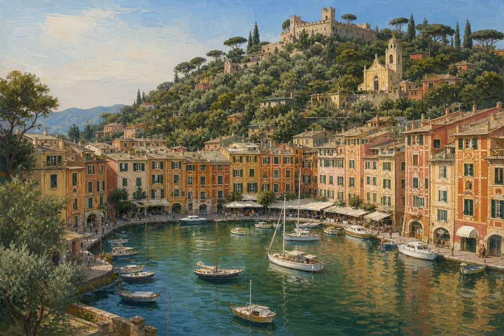 Le port de Portofino et ses façades colorées en fer à cheval sous les pins parasols