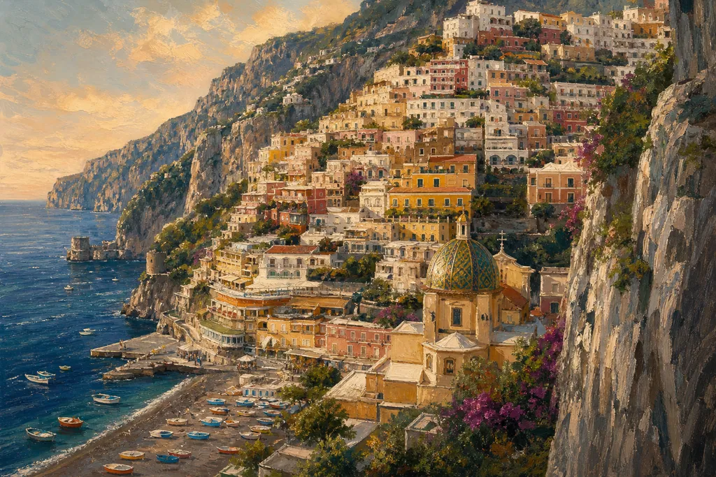 Positano et ses maisons colorées descendant jusqu'à la plage Grande, coupole de majoliques au centre