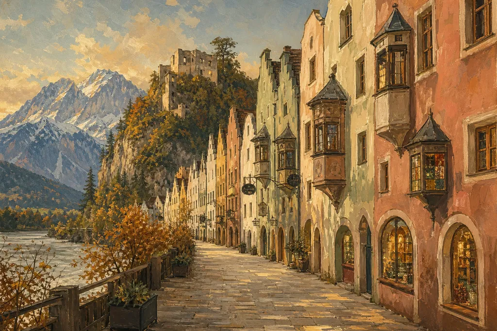 La rue principale de Rattenberg, façades peintes et oriels sous la ruine du château, au bord de l'Inn