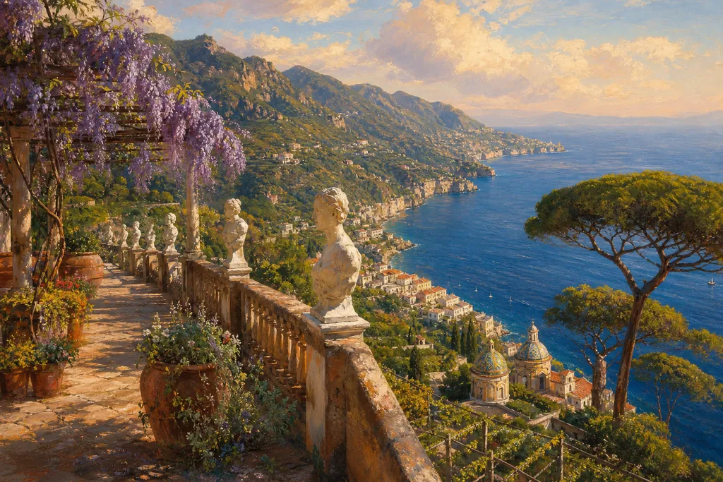 La Terrasse de l'Infini de Ravello et ses bustes de marbre au-dessus de la côte amalfitaine au printemps