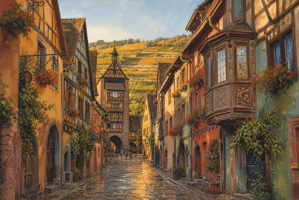 Rue principale de Riquewihr avec ses maisons à colombages colorées et la tour du Dolder au fond