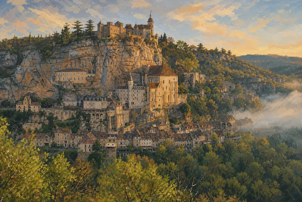 Rocamadour étagé sur sa falaise au-dessus du canyon de l'Alzou, château, sanctuaires et village bas au petit matin