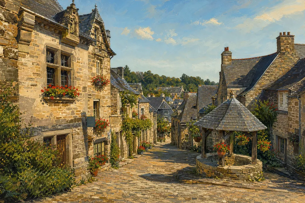 Ruelle de Rochefort-en-Terre bordée de maisons de granit fleuries de géraniums rouges