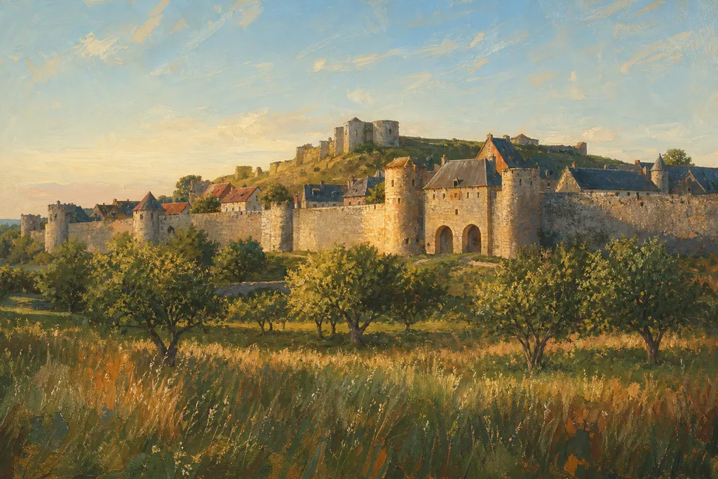 Remparts de pierre grise et porte de Sierck de Rodemack vus des prés au coucher du soleil
