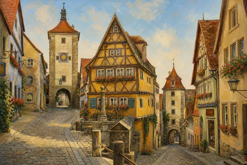 Le Plönlein de Rothenburg ob der Tauber avec sa maison jaune à colombages entre deux portes fortifiées
