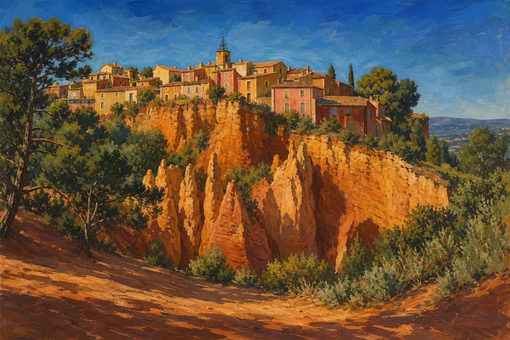 Falaises d'ocre rouge de Roussillon surmontées des maisons colorées du village, lumière du soir