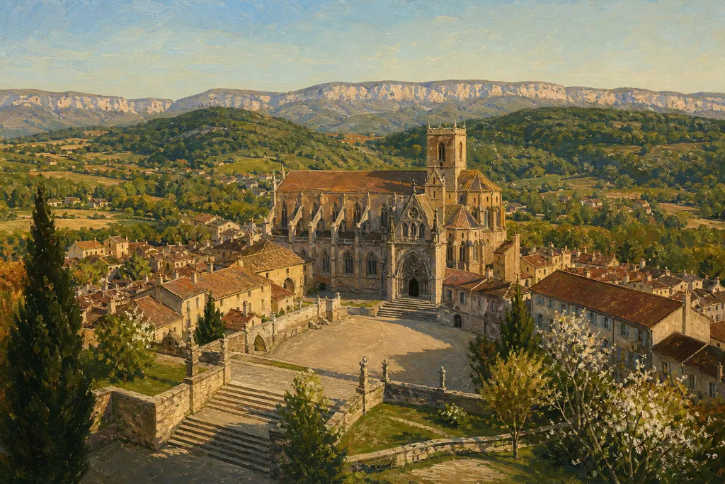 Abbatiale gothique de Saint-Antoine-l'Abbaye dominant les toits de tuiles du bourg et les collines
