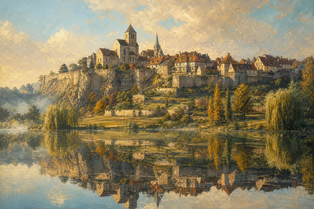 Remparts et église de Saint-Benoît-du-Sault reflétés dans le plan d'eau de la Portefeuille