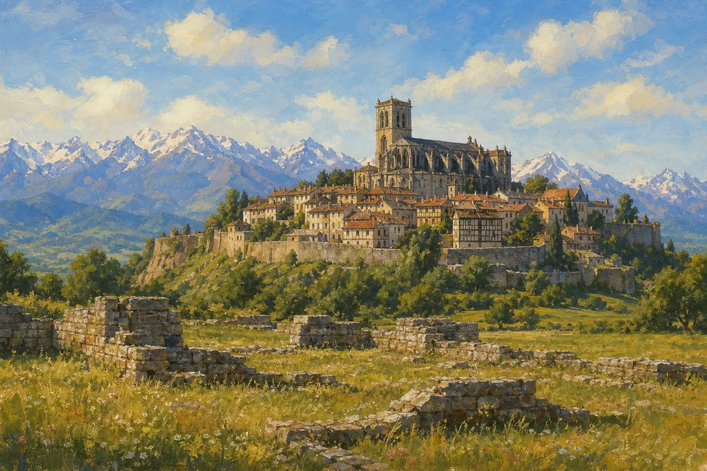 La cathédrale de Saint-Bertrand-de-Comminges sur sa colline devant les Pyrénées