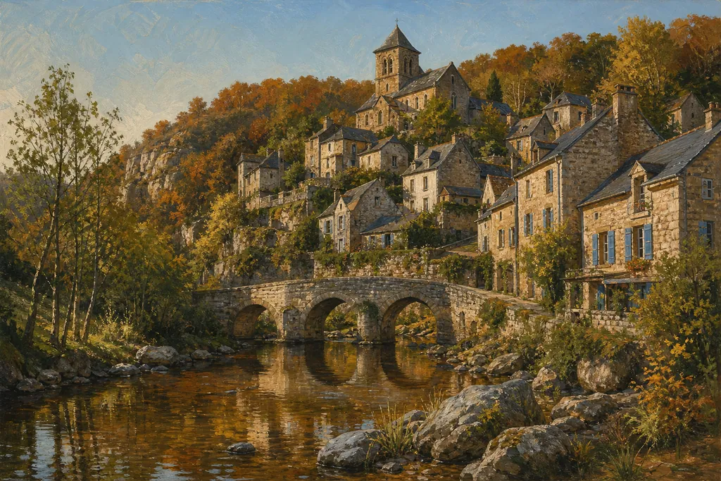 Le pont sur la Sarthe et le village de Saint-Céneri-le-Gérei sous son église romane, dans les Alpes mancelles