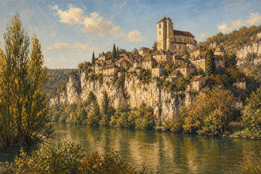 Saint-Cirq-Lapopie perché sur sa falaise au-dessus du Lot, église et toits de tuiles dans la lumière du soir