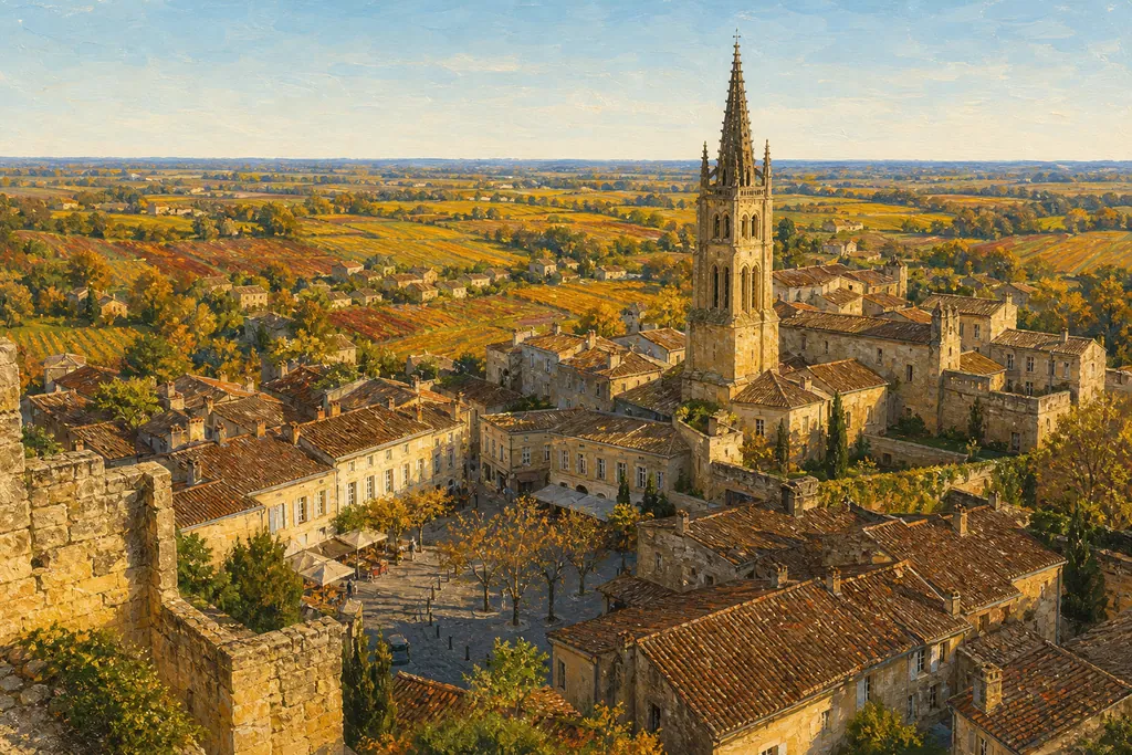 Toits de Saint-Émilion et clocher de calcaire dominant les vignes d'automne vus depuis la tour du Roy