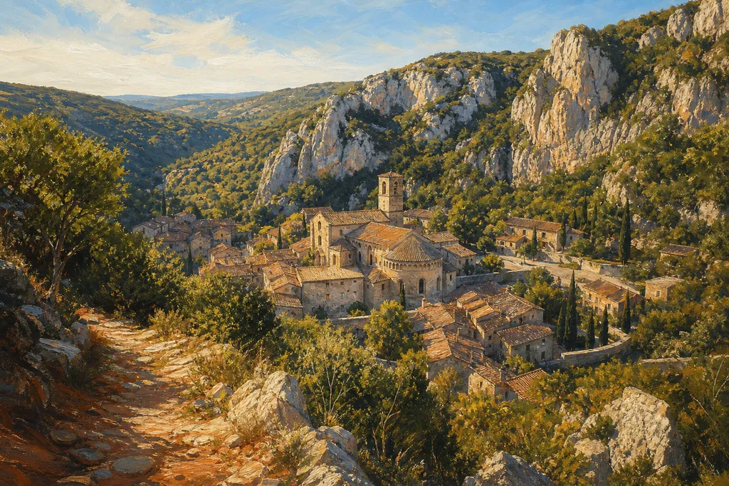 Saint-Guilhem-le-Désert vu d'en haut, toits ocre et abbaye romane au fond d'un vallon calcaire