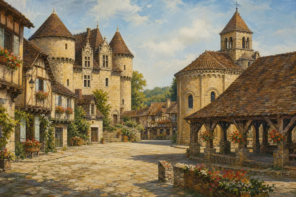 Place de Saint-Jean-de-Côle avec le château de la Marthonie, l'église et la halle aux toits de tuiles brunes