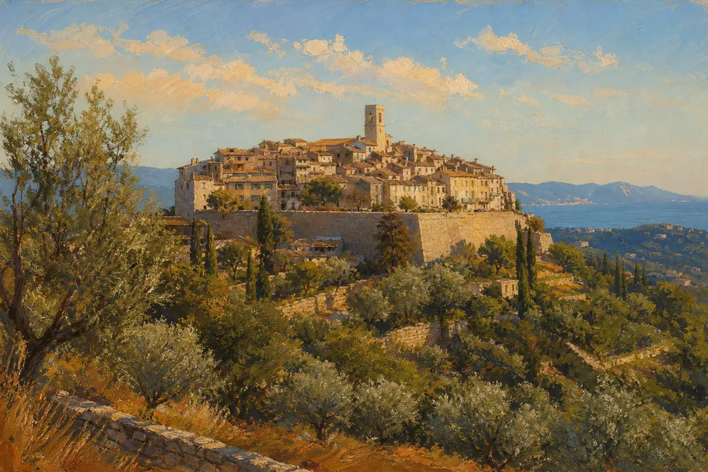 Le village fortifié de Saint-Paul-de-Vence sur son éperon, entouré de cyprès et d'oliviers, face à la mer.