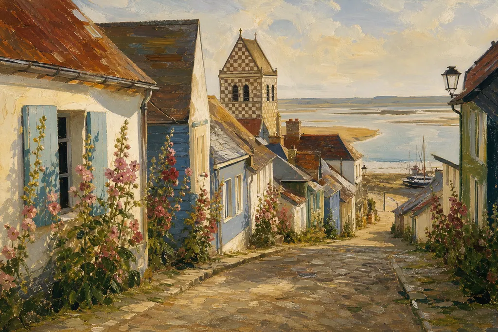Maisons colorées et roses trémières du quartier du Courtgain, avec la baie de Somme à marée basse